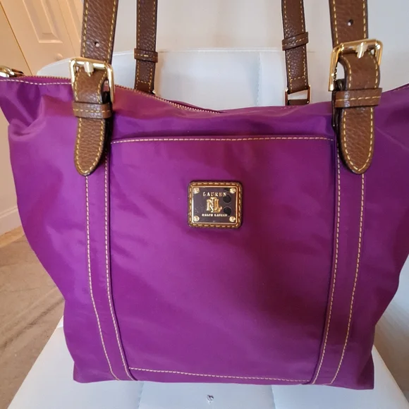 Ralph Lauren Purple Magenta Nylon Tote Shoulder Bag With Brown Straps - Picture 2 of 10